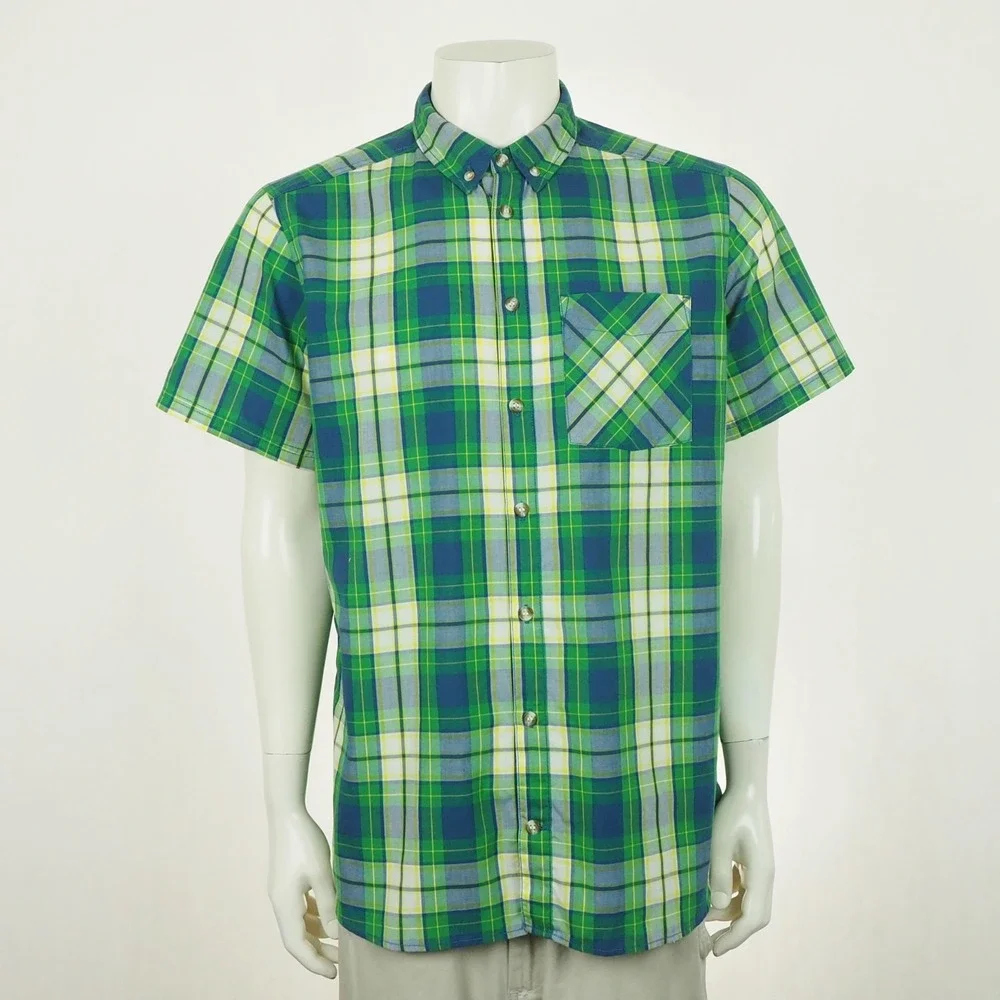 Adidas Button Down Shirt Mens Large Green Plaid Cotton Blend Pocket Hiking Tech